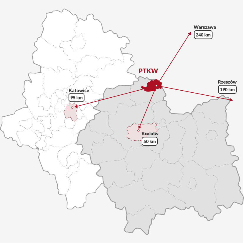 zdjęcie przedstawia odległość od Parku Technologicznego w Książu Wielkim - Powiat Miechowski od sąsiedzkich większych aglomeracji